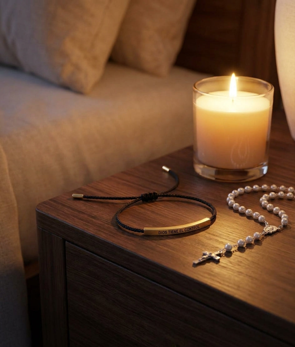Pulsera Dios Tiene El Control junto a vela y rosario
