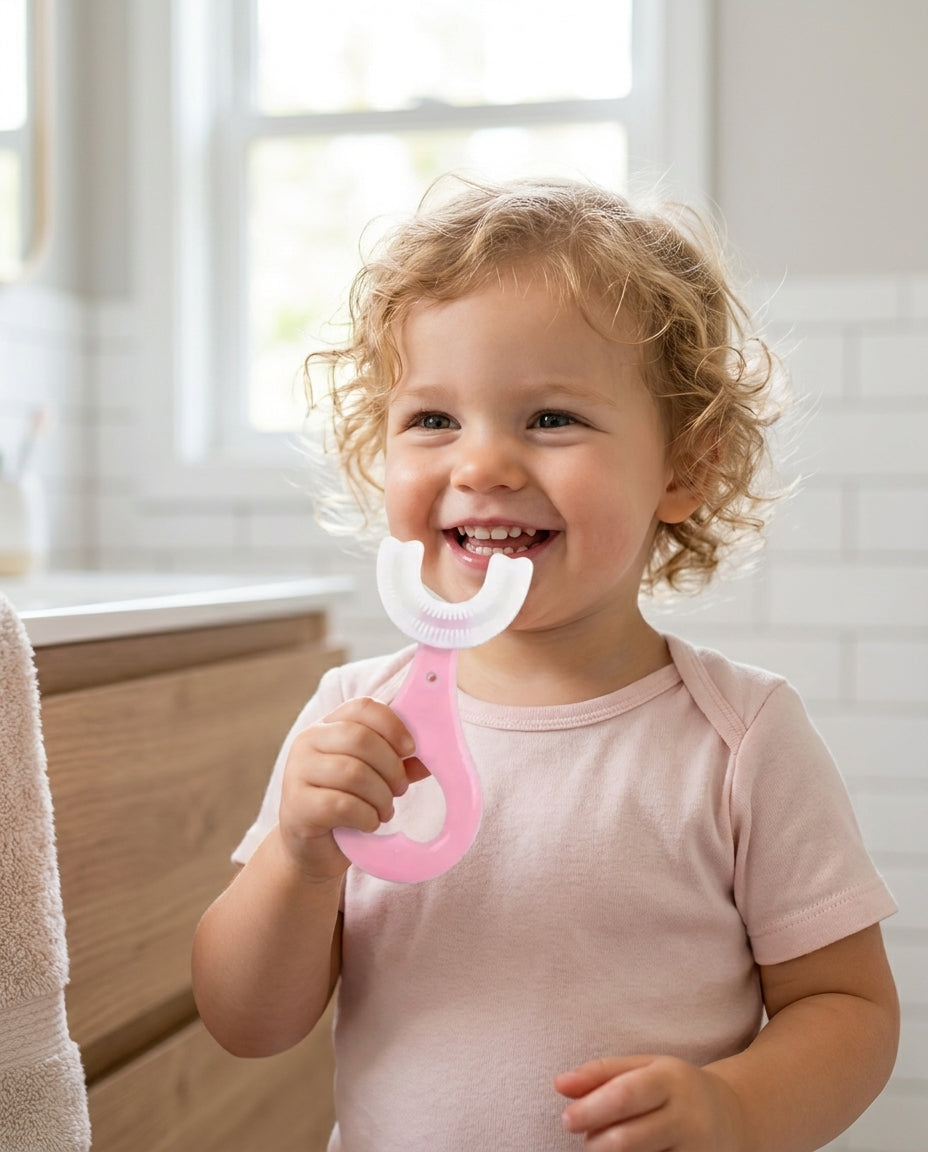 Niño feliz usando el cepillo de dientes en U Mixora